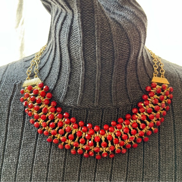 Egyptian Revival Bib Collar Necklace Opaque Red Stone Pin Cushion Necklace - Picture 13 of 13
